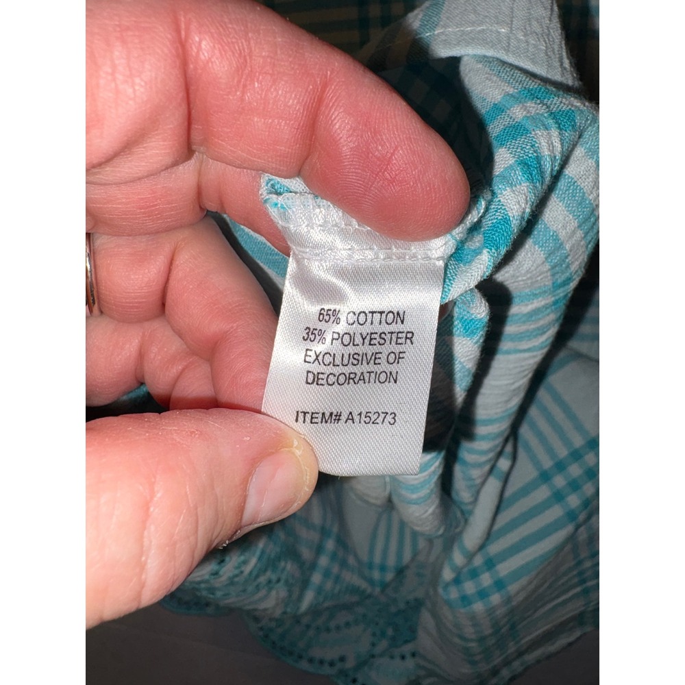 Tog Shop Plaid Tunic Shirt Embroidered Hem Women's L Teal White - Picture 6 of 7